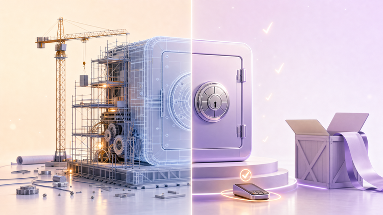 A half-constructed vault of scaffolding and exposed gears on one side, a finished polished vault ready to ship on the other, representing building in-house versus buying a platform that already works