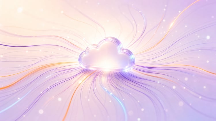 Abstract glowing cloud icon with uncontrolled light trails, representing OneDrive permissions that drift and never expire