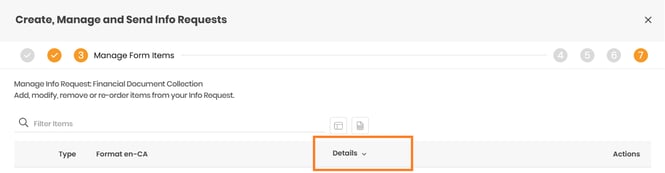 Screenshot of the ‘Create, Manage and Send Info Requests’ table with the ‘Details’ column header highlighted, illustrating new server-side sorting.